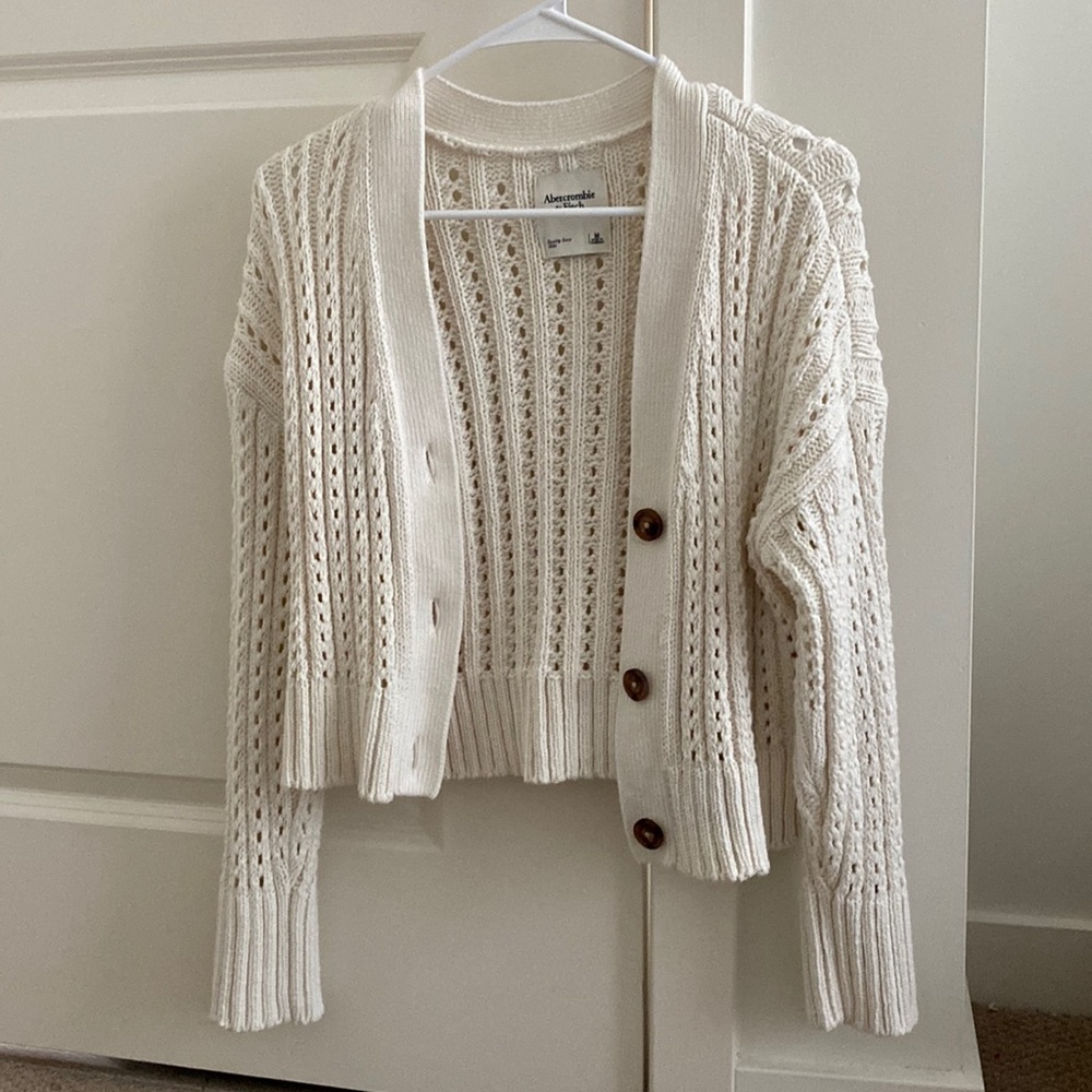 Abercrombie & Fitch Cream Open-Knit Button Cardigan